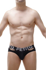 Black petitq jockstring rilly econyl briefs with white logo band and cutout details in black fabric