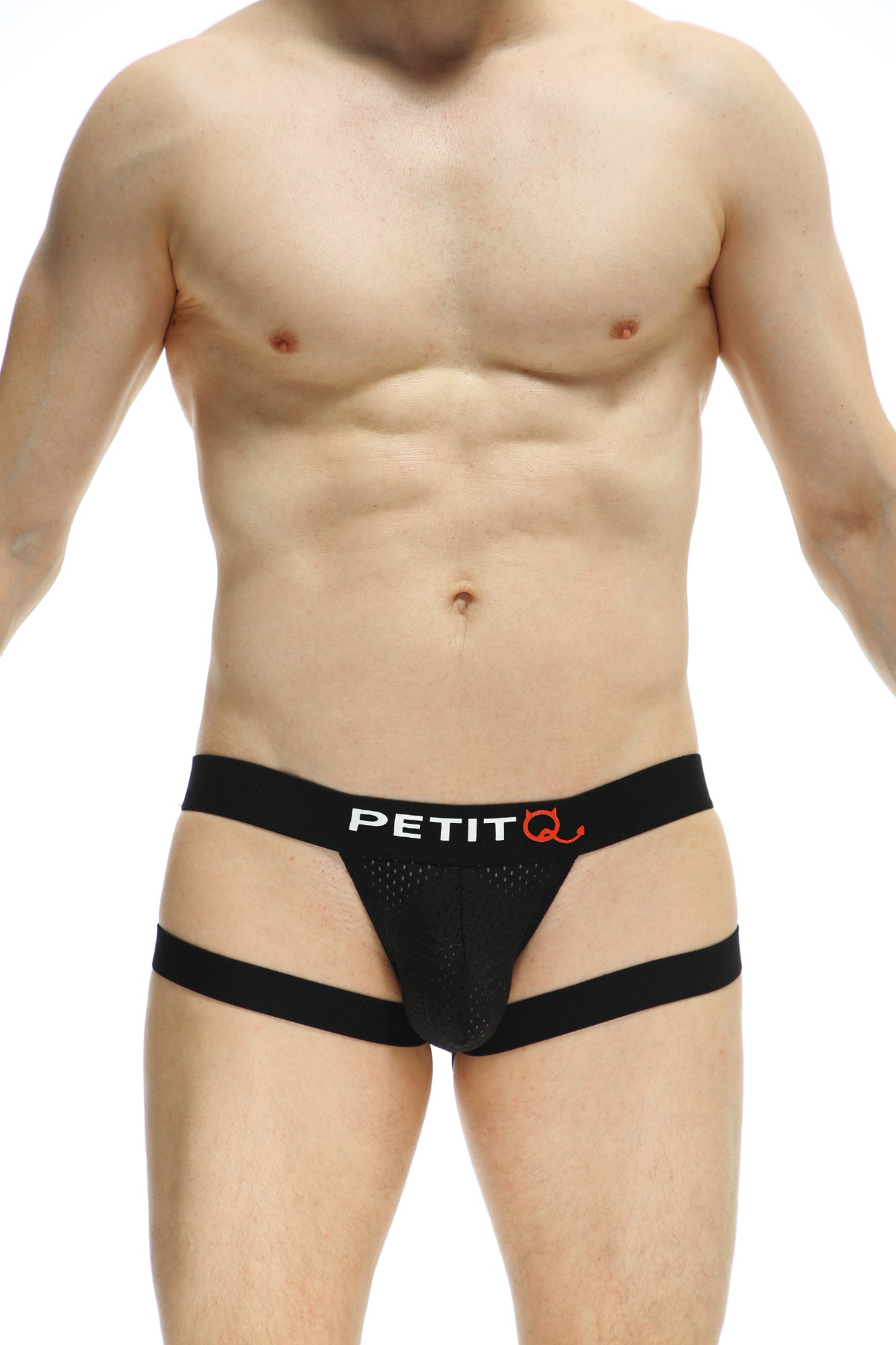 Black petit q jockstring seyre bee men’s briefs with mesh front and side straps for breathable comfort