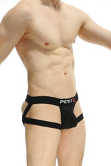 Black petitq jockstring seyre bee briefs with mesh panel and side straps showcasing men’s underwear design