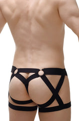Back view of black leather harness-style jockstring briefs with circular metal rings speiger black 2023