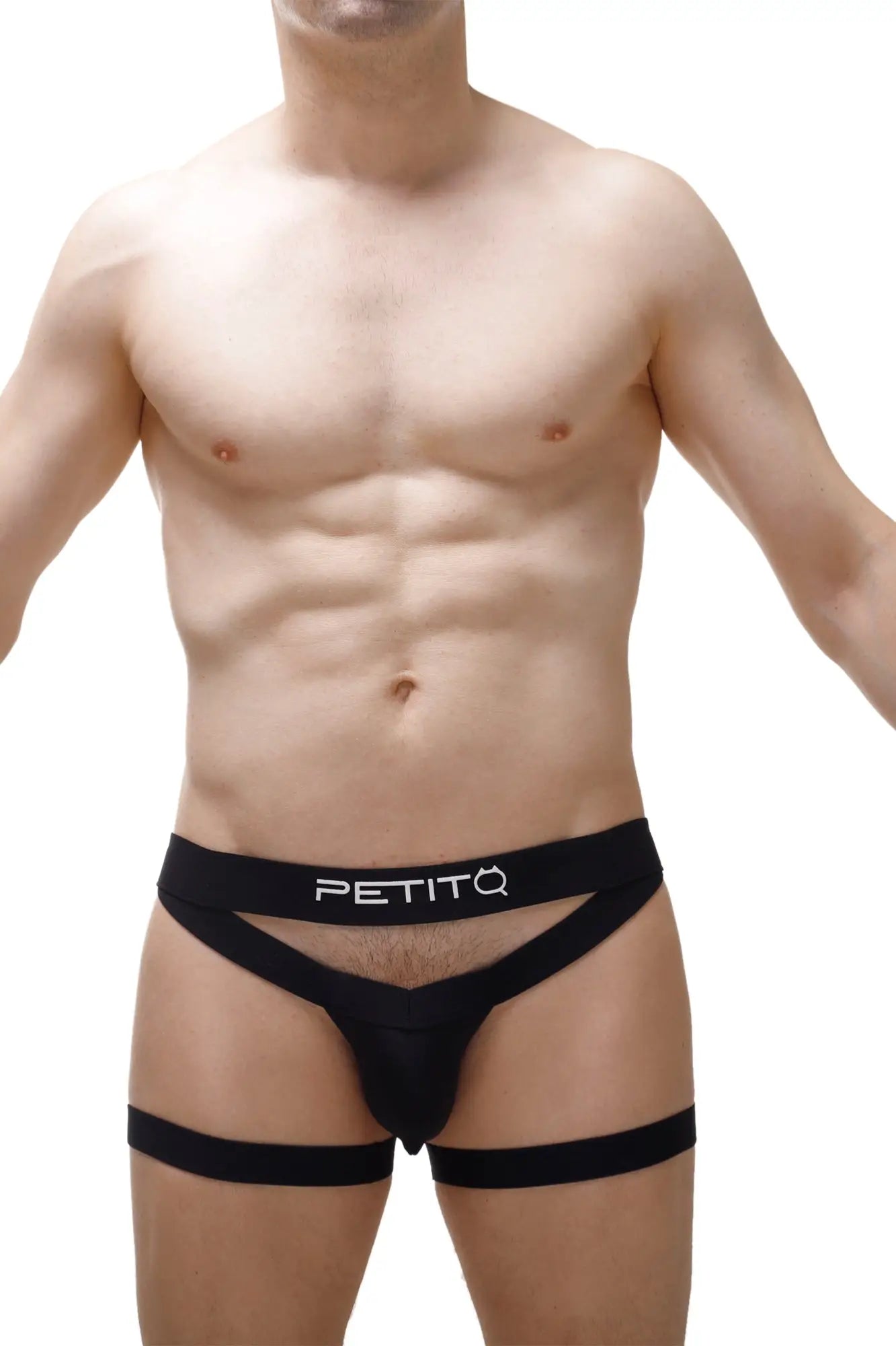 Black petitq branded briefs jockstring speiger 2023 with cut-out design and leg straps front view
