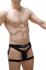 Black petitq branded men’s jockstring briefs with multiple straps and a distinctive cut in speiger black 2023 design