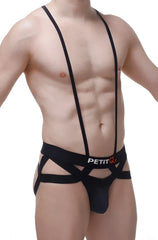 Black jockstring suspenbust suspender-style briefs with sleek form-fitting design and crisscross straps