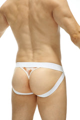 White lace thong jockstring tie-dye beige with subtle floral pattern and wide supportive straps front view