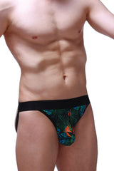 Black and green tropical leaf patterned jockstring with orange bird accents for stylish athletic support