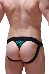 Black thong jockstring tropical with vibrant green and blue tropical leaf pattern shown from the back side