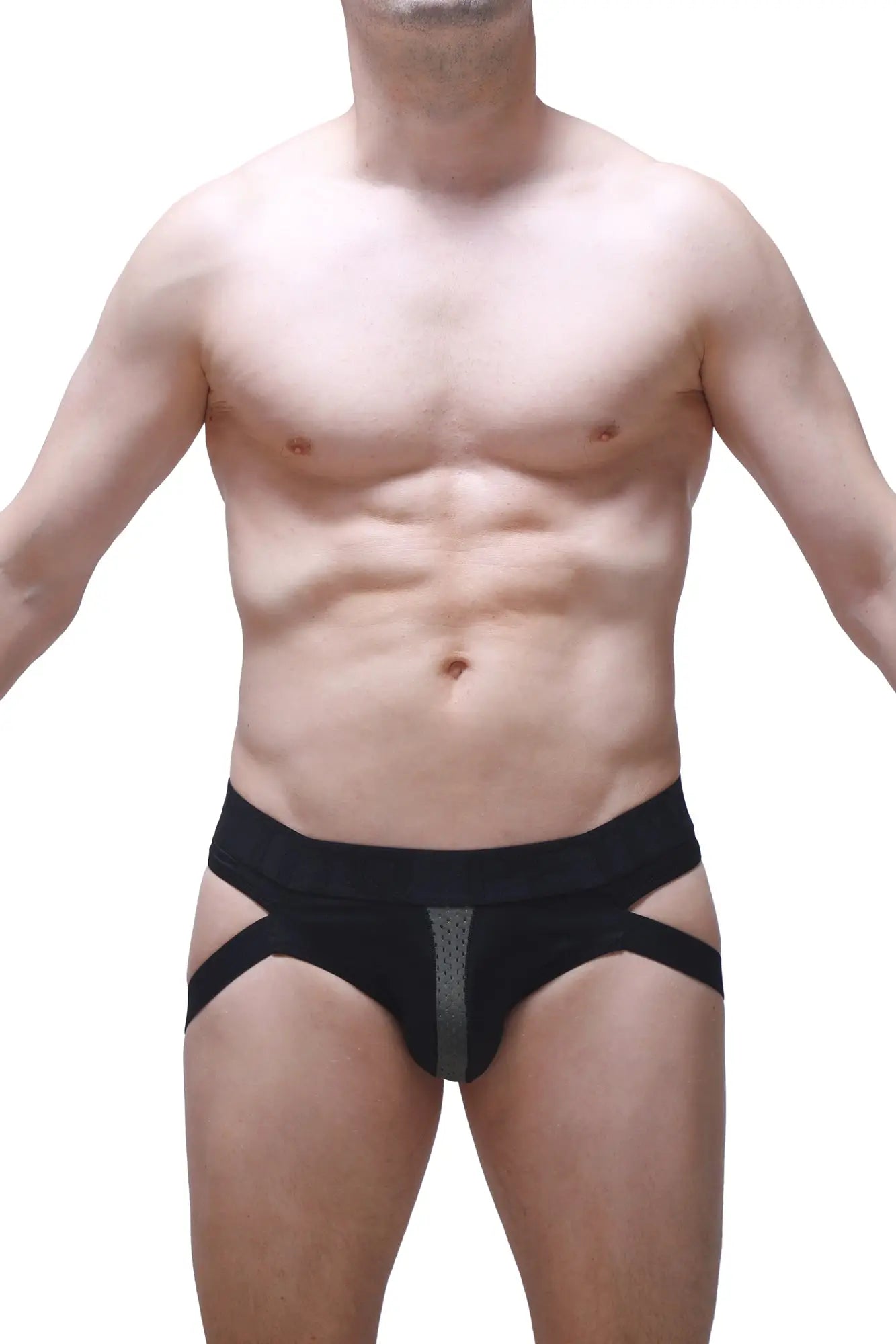 Black jockthong barie bee green with gray mesh panel and diagonal side straps designed for athletic wear