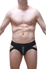 Black jockthong barie bee green with gray mesh panel and diagonal side straps designed for athletic wear