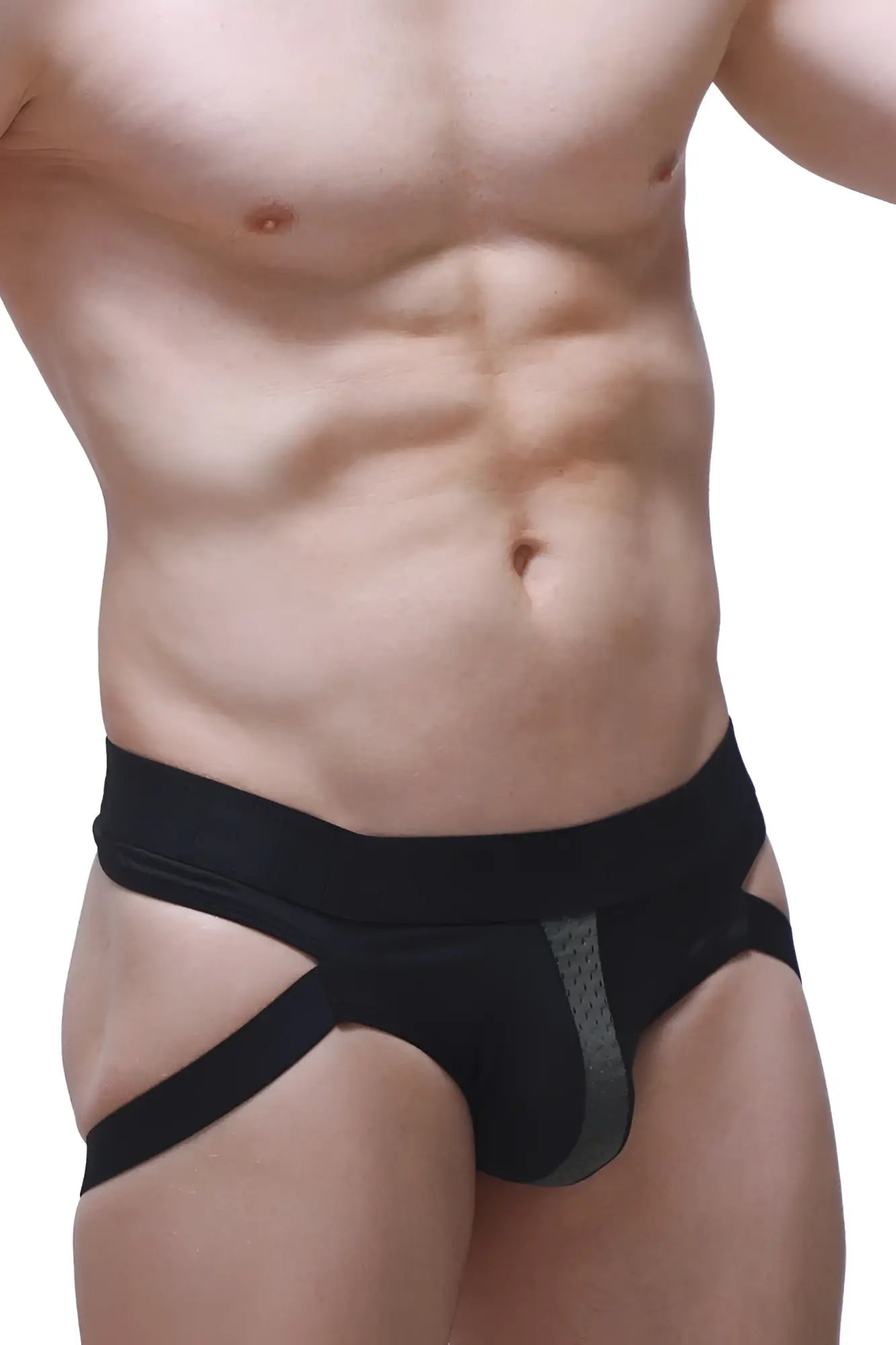 Black jockthong Barie Bee Green briefs with gray mesh side panel designed for athletic support and comfort