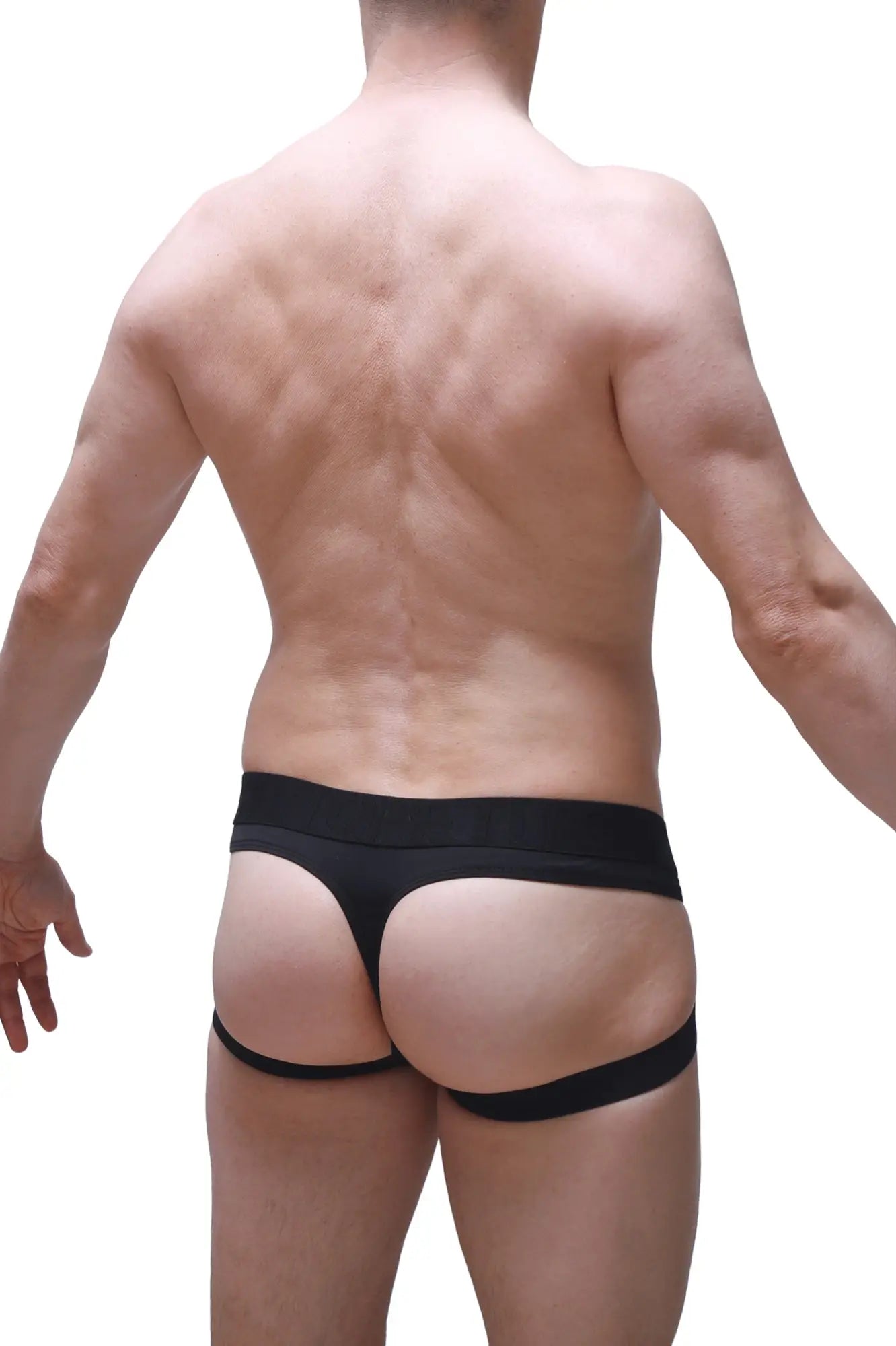 Black jockthong barie bee green thong underwear with wide waistband and thin side straps shown from the back side