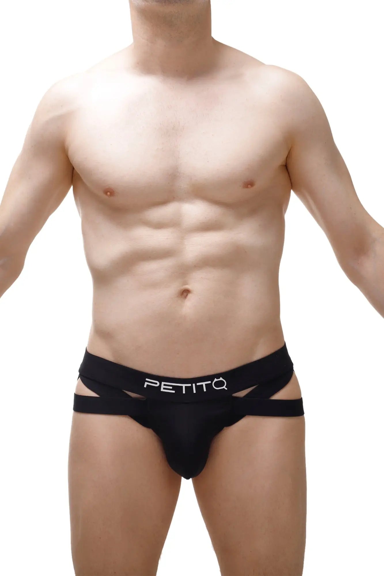 Black petitq branded jockthong bost 2023 briefs with cut-out side panels and sleek modern design