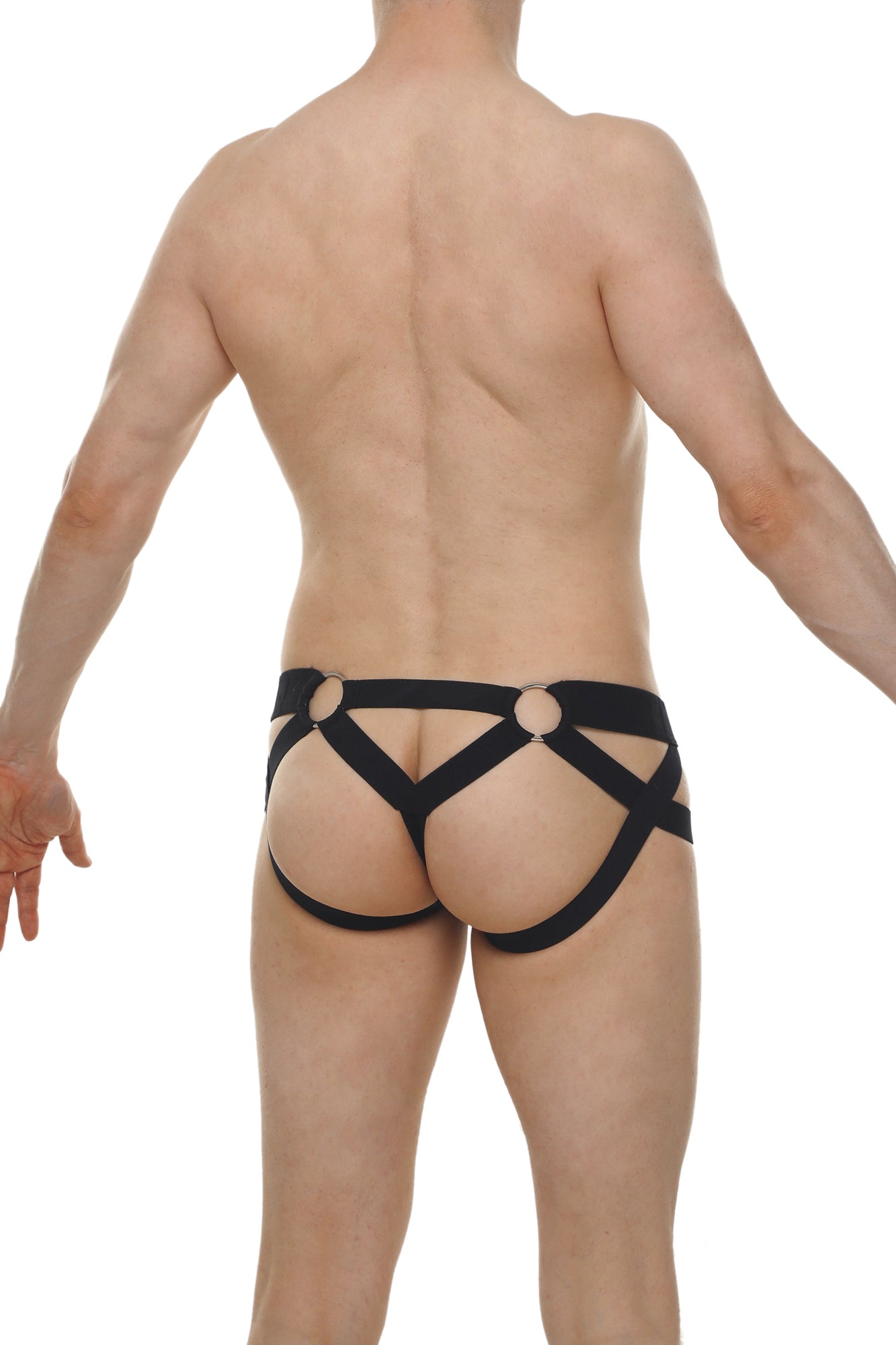 Black harness-style briefs jockthong bost lace black with crisscross design and circular metal rings