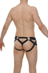 Black harness-style briefs jockthong bost lace black with crisscross design and circular metal rings