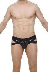 Black lace jock thong in black with crisscross side straps showing the back detail