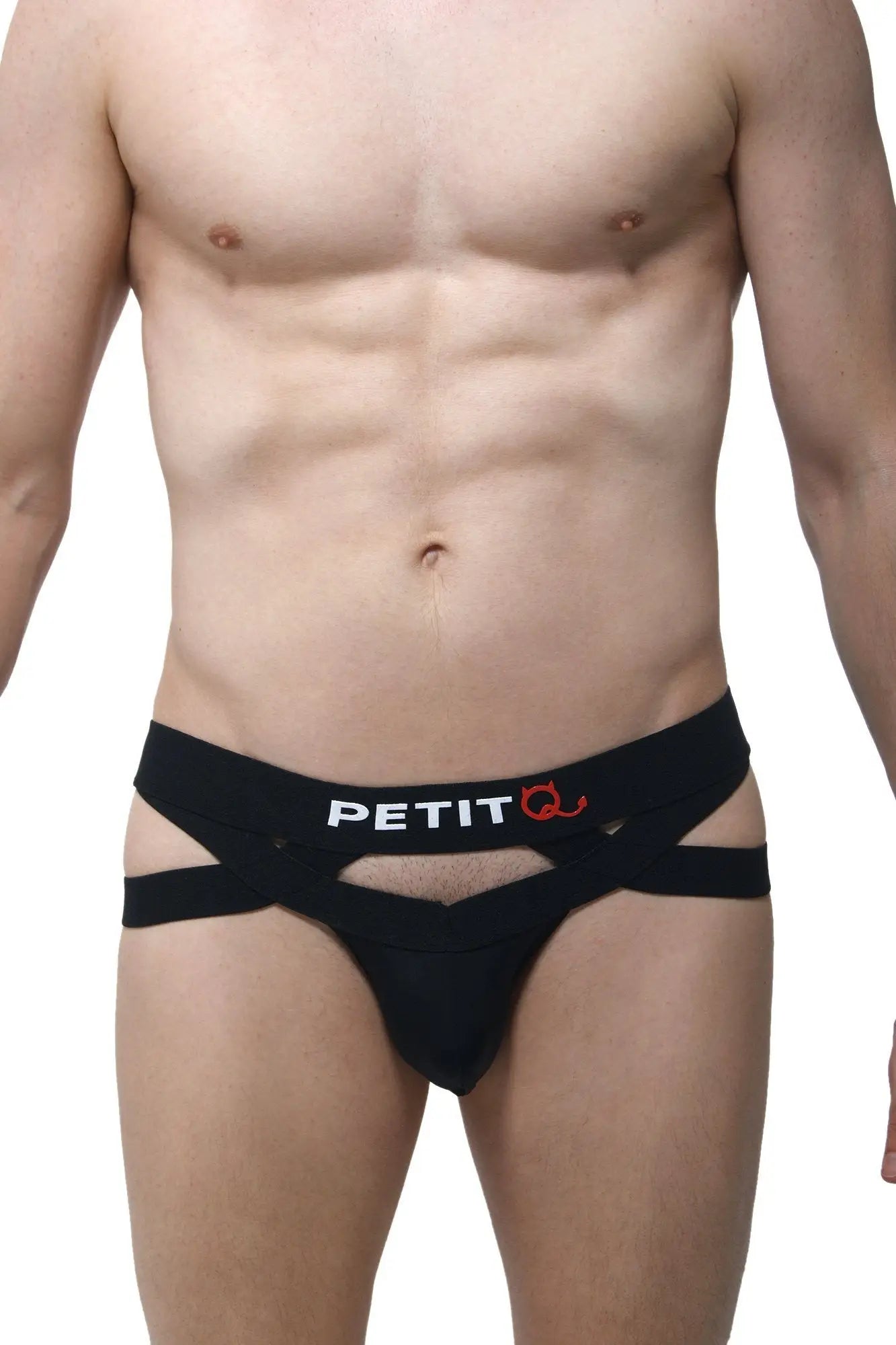 Black petit q men’s briefs jockthong bust with cut-out design and brand logo on waistband