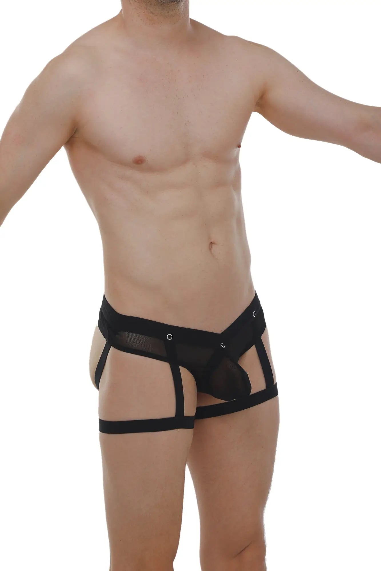 Black mesh and fabric jockthong garter net briefs with ring and strappy supportive design shown from the back side