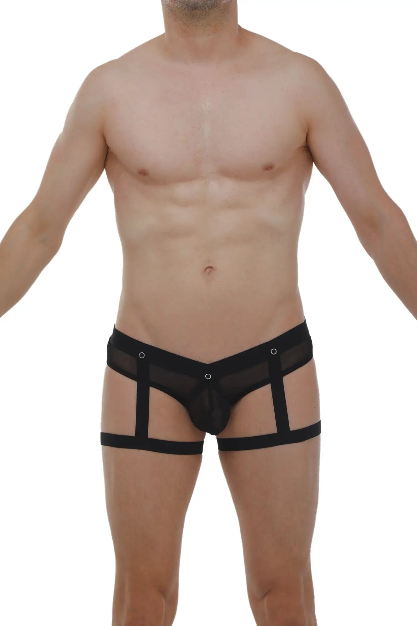 Black mesh jockthong garter net briefs with supportive strappy design and ring detail visible from the back side