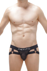 Black mesh and fabric men’s jockthong underwear in black with petitq branded waistband for comfortable support