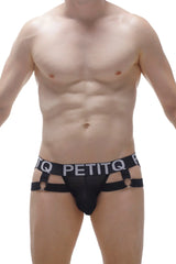 Black petitq brand jockthong mijoux net briefs with mesh front and adjustable straps featuring silver metal rings
