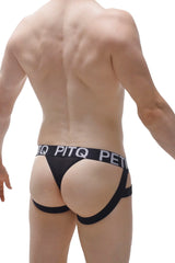Black pitq brand jockthong mijoux net briefs in black with bold white logo band on waistband front view