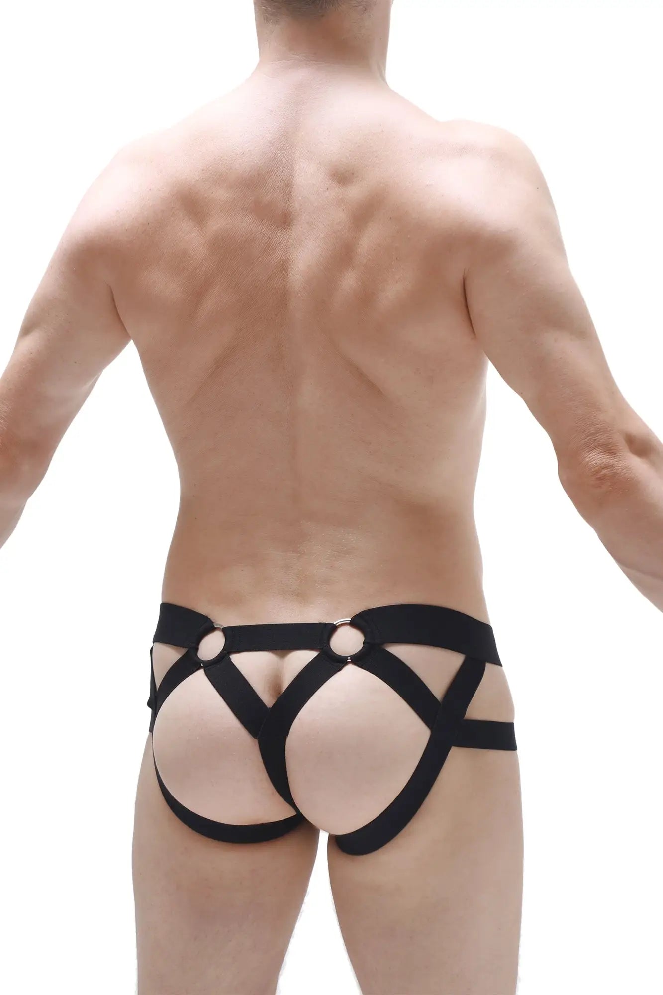 Black leather harness style briefs with circular metal rings from jockthong rider bost net black collection