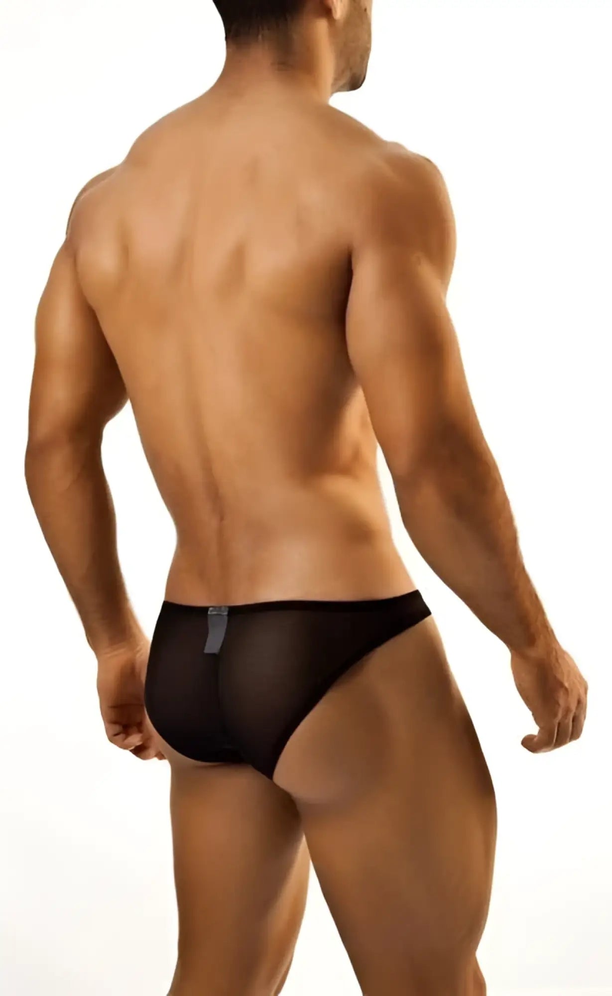 Black mesh briefs by joe snyder with sleek form fitting design and small silver tag visible on the back side