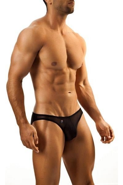Joe Snyder bikini classic mesh black sleek form-fitting briefs with subtle metallic button at the front