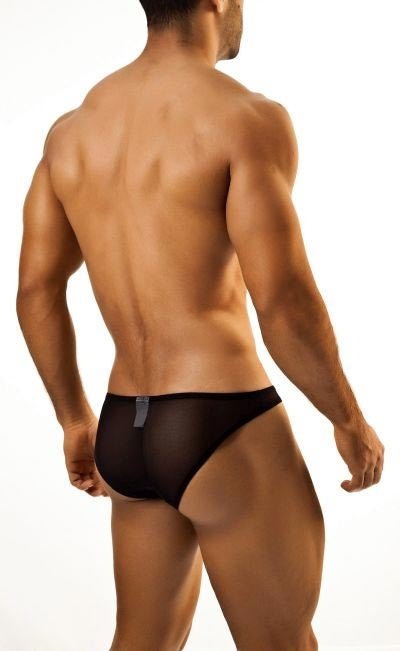Black mesh briefs back side with sleek form fitting design and small silver tag by joe snyder bikini classic mesh