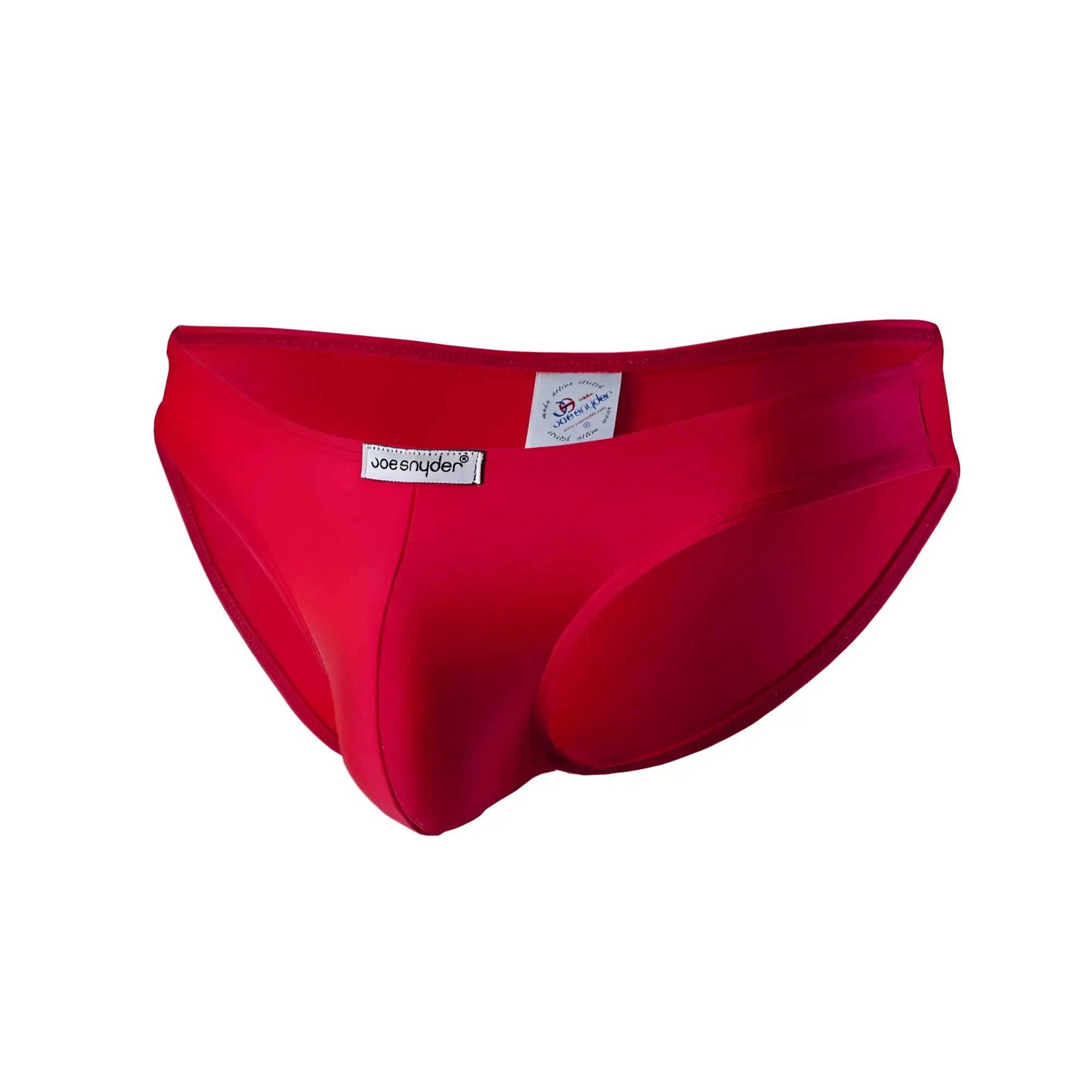 Bright red joe snyder men’s swim trunks with smooth form-fitting design made of polyester for classic bikini style