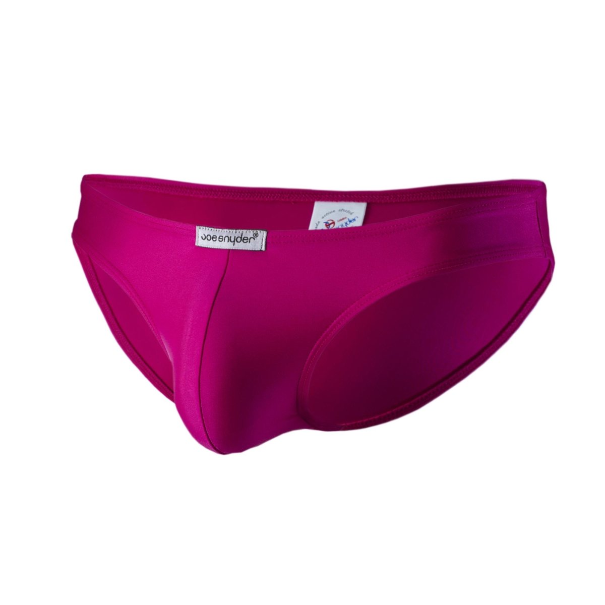 Fuchsia Joe Snyder bikini classic polyester swim trunks shown from the back side with a comfortable fit design