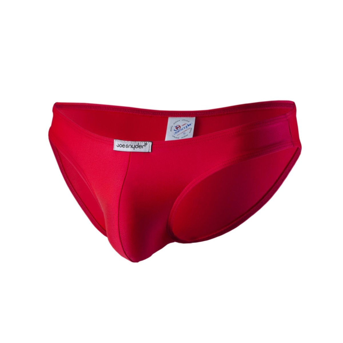Bright red joe synder bikini classic polyester men’s swim trunks with smooth form-fitting design