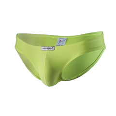 Bright lime green joe snyder men’s bikini classic briefs made of smooth polyester with branded waistband label