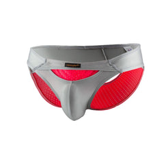 Gray and red mesh Joe Snyder bikini sexiest athletic briefs with supportive contoured design for comfortable wear