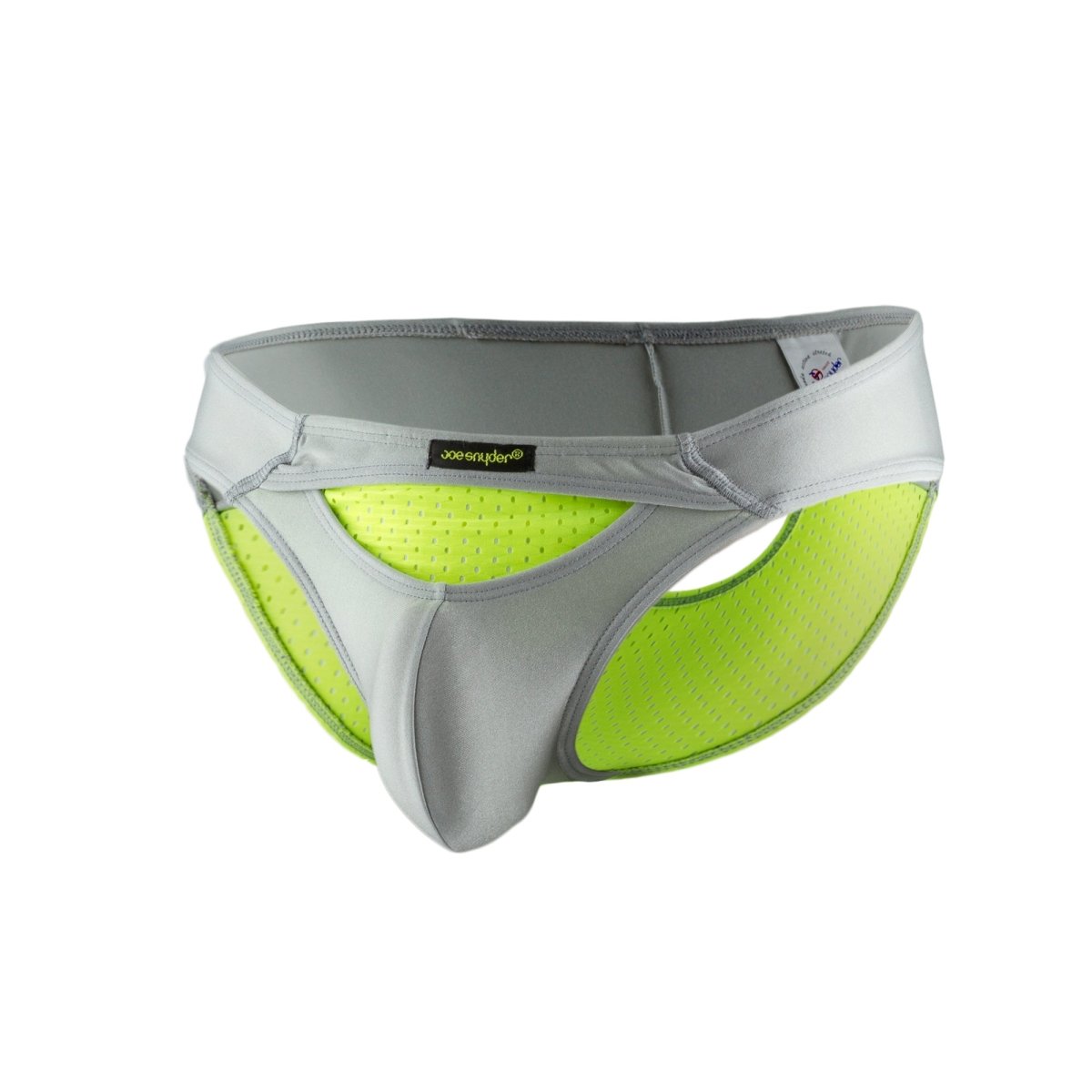 Joe snyder bikini sexiest gray and neon green mesh athletic briefs with supportive design shown from the back side