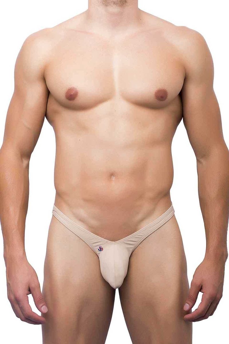 Beige Joe Snyder bulge bikini thong with form-fitting design and subtle front logo for comfortable wear