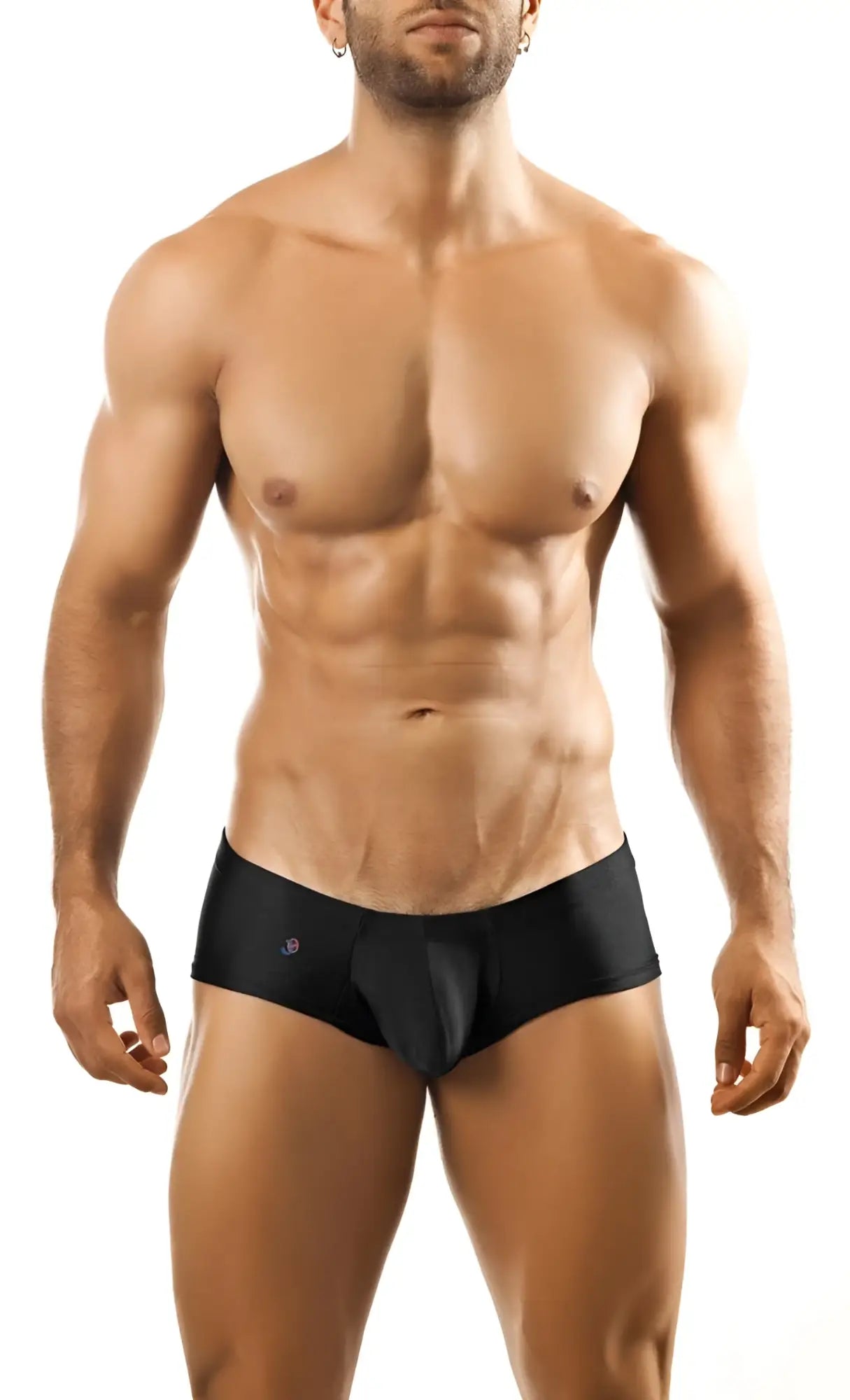 Black form-fitting joe synder bulge boxer briefs with subtle logo on the left hip for comfortable wear