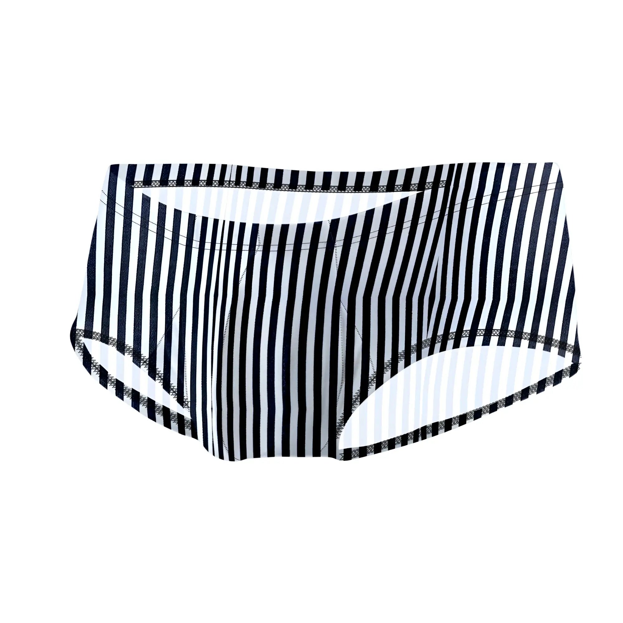 Black and white vertically striped joe snyder bulge boxer briefs with subtle textured trim along the edges
