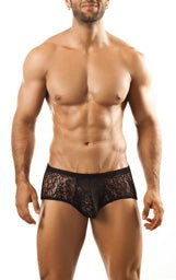 Black lace men’s briefs joe snyder bulge boxer showing front with sheer floral lace design and comfortable fit