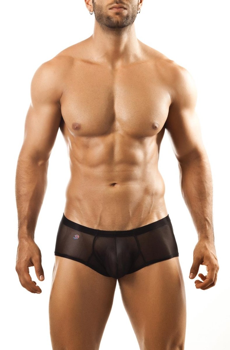 Black sheer mesh joe snyder bulge boxer briefs with solid waistband and subtle logo on the left hip