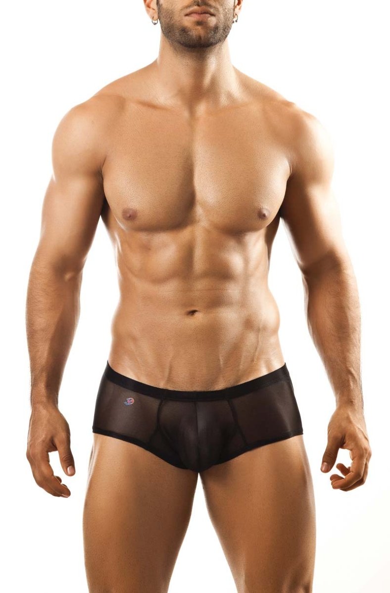 Black sheer mesh joe snyder bulge boxer briefs with a subtle logo on the waistband visible from the front