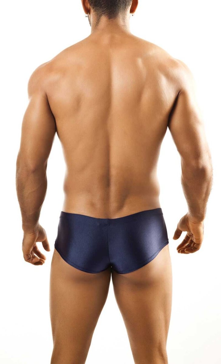 Navy blue satin joe snyder bulge boxer swim trunks showcasing a sleek and comfortable design