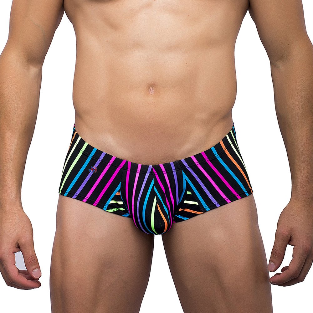 Joe Snyder bulge boxer vibrant rainbow-striped swim trunks with bold geometric pattern in quick-dry fabric