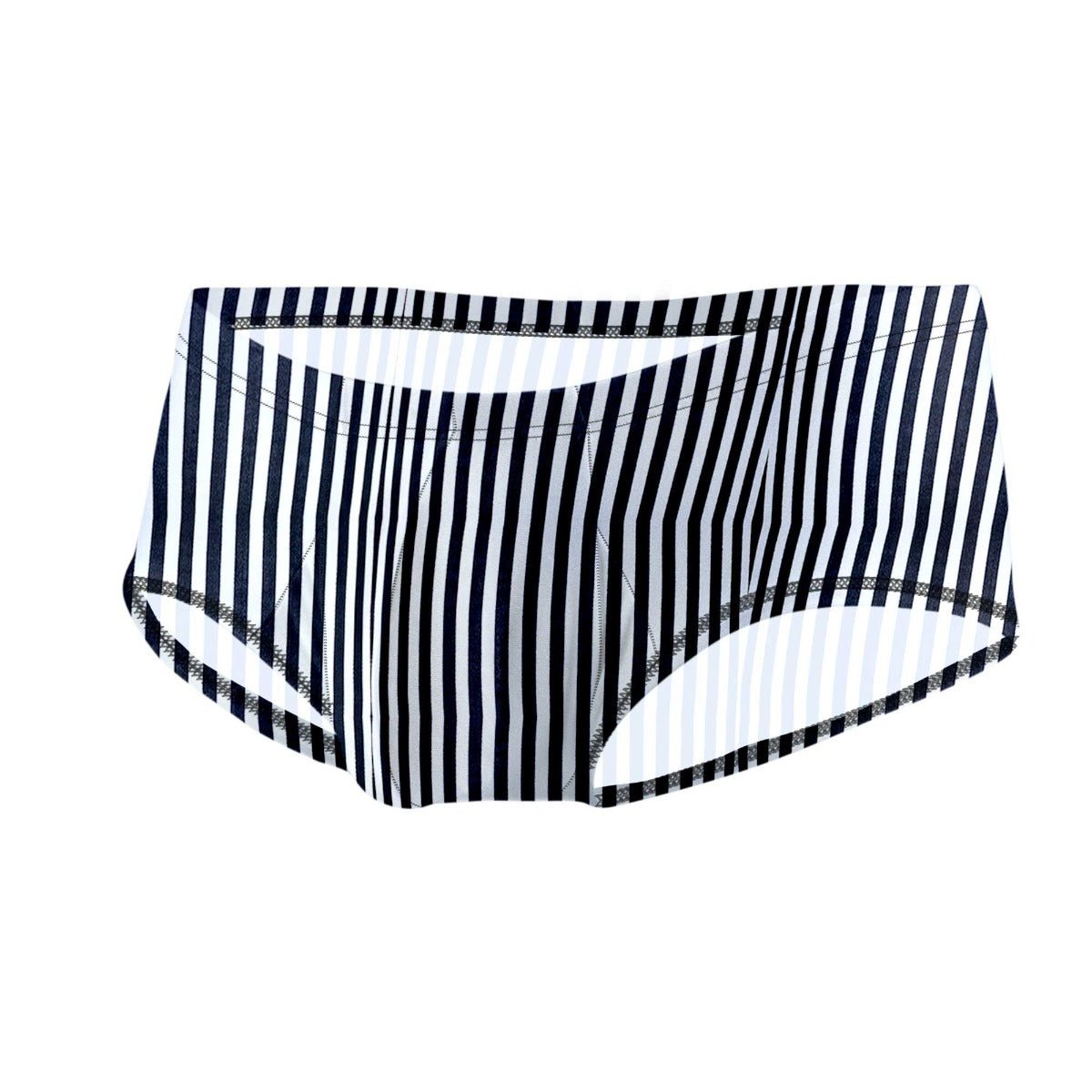 Black and white vertically striped joe snyder bulge boxer briefs with subtle textured trim along the edges