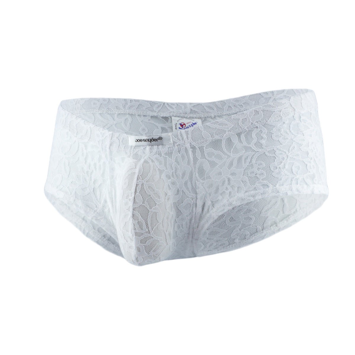 White lace men’s bulge boxer by joe snyder with delicate floral pattern and soft sheer fabric