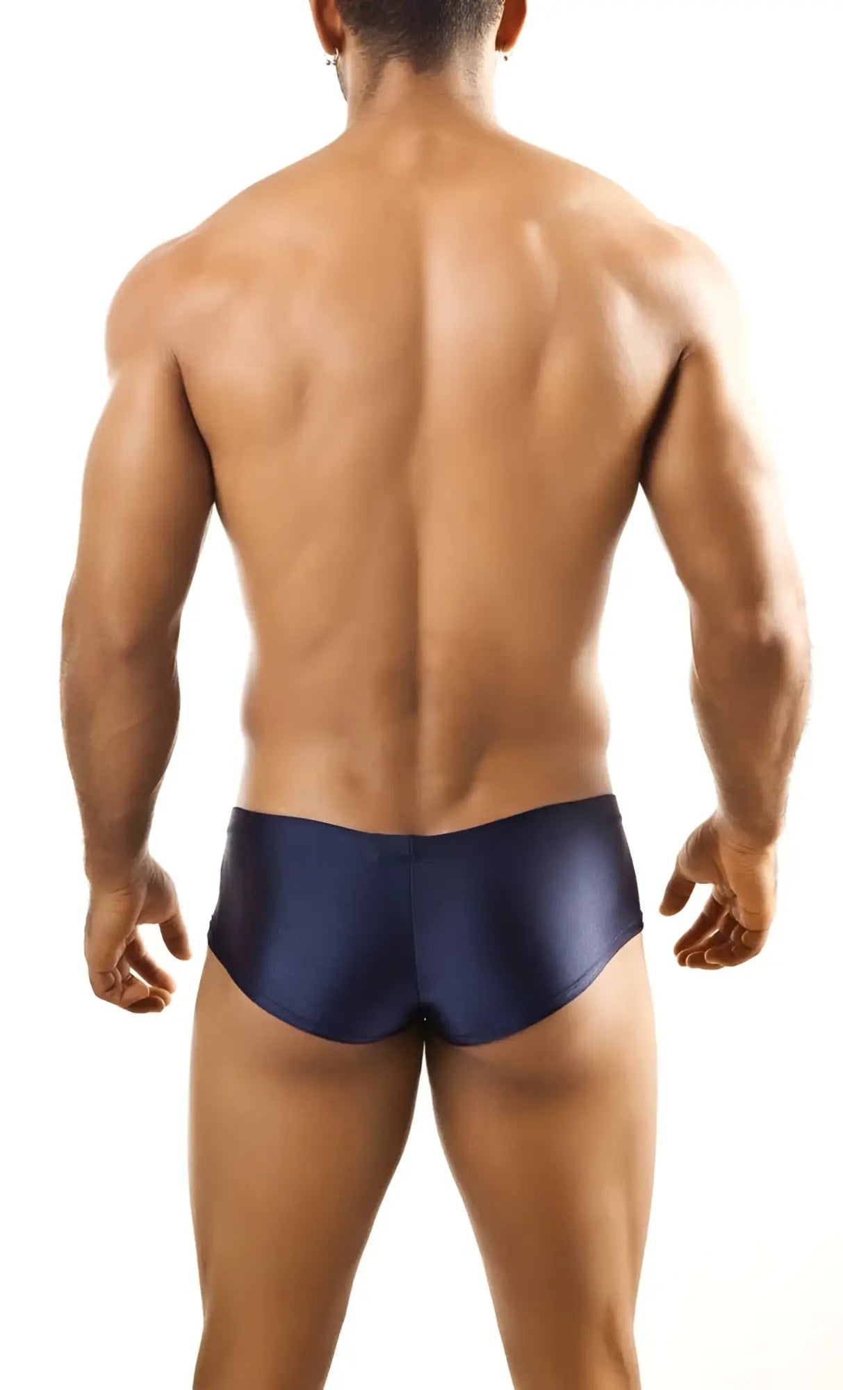 Navy blue satin joe snyder bulge boxer swim trunks designed for a supportive and stylish fit