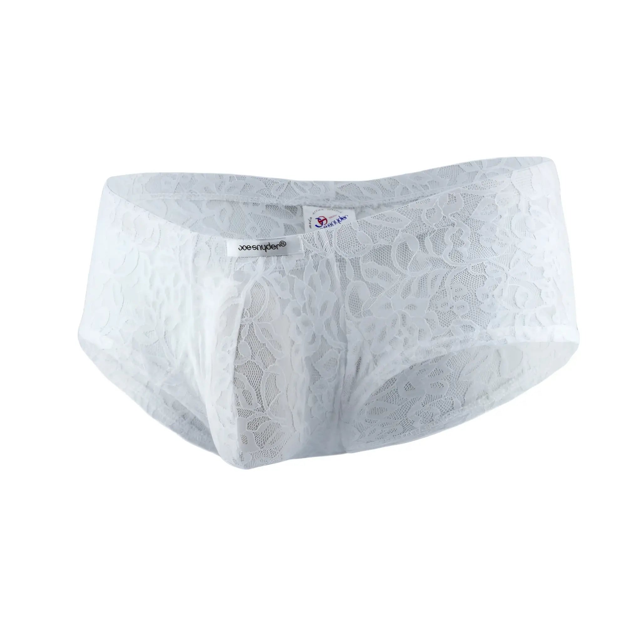 White lace men’s joe snyder bulge boxer with delicate floral pattern and soft sheer fabric front view
