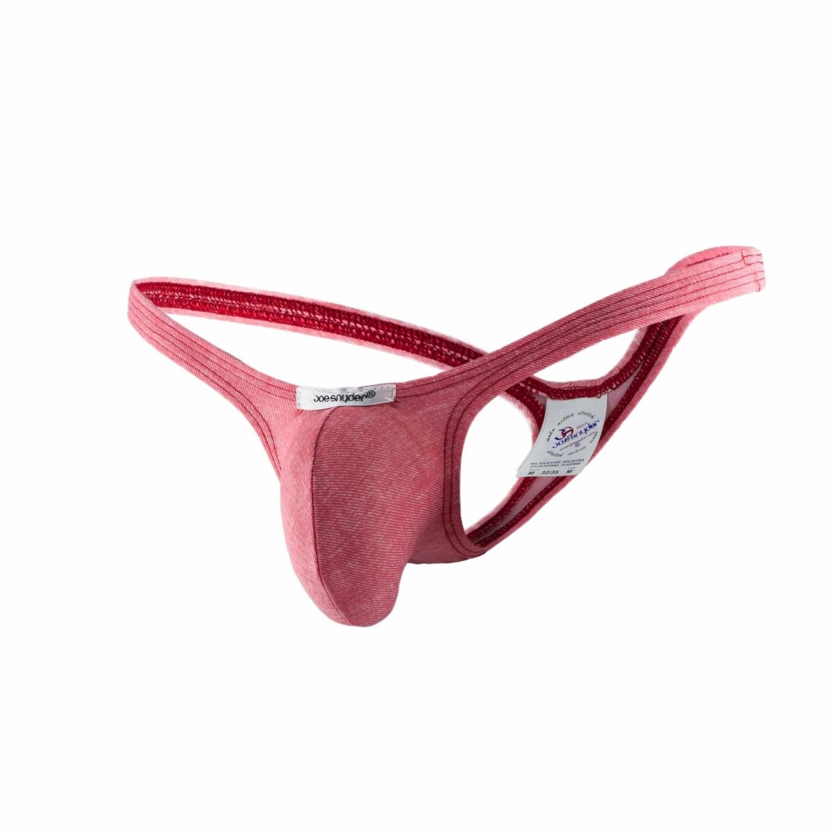 Joe snyder bulge thong pink denim jockstrap with red inner lining and adjustable straps shown from the back