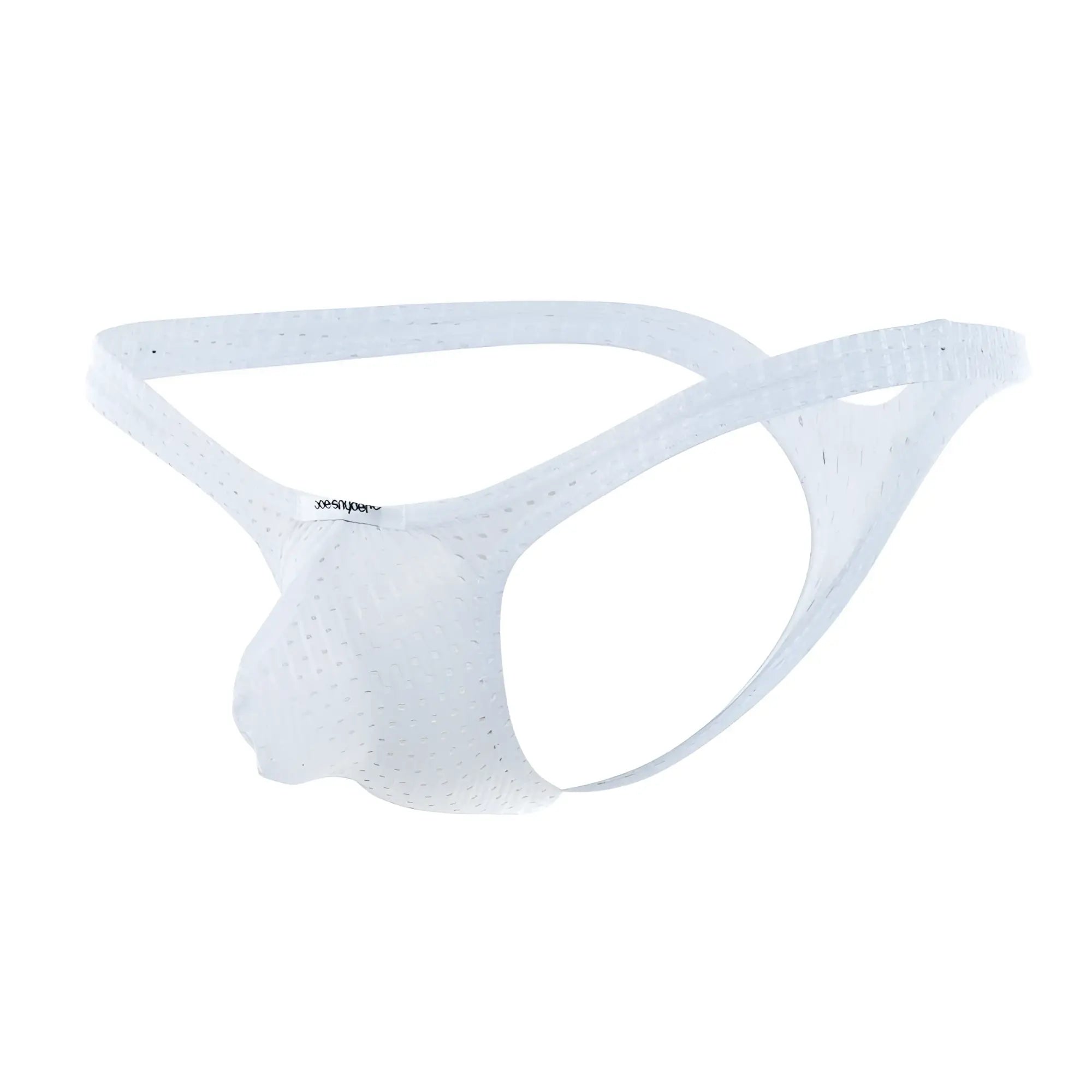 White mesh joe snyder bulge thong holes with supportive contoured design and jockstrap brand name on the side