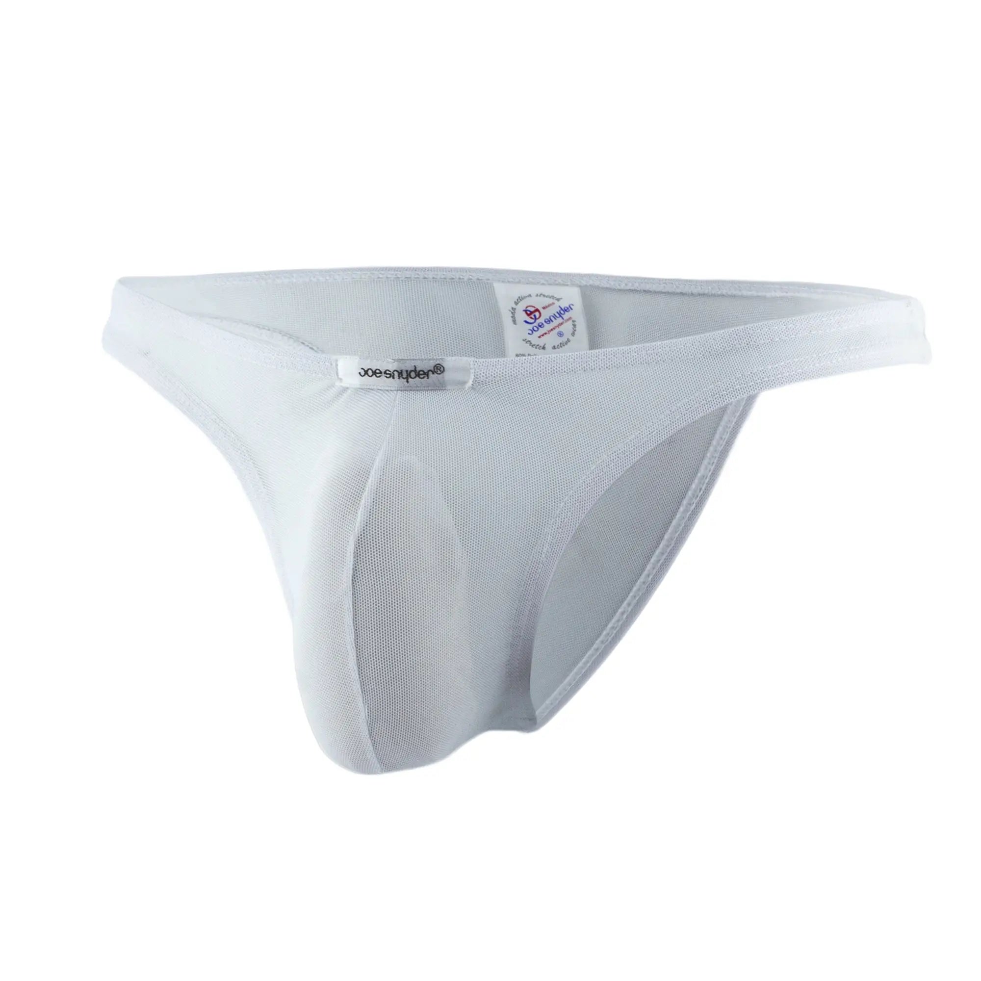 White mesh thong by joe snider showing the back side featuring breathable mesh fabric and minimalist design