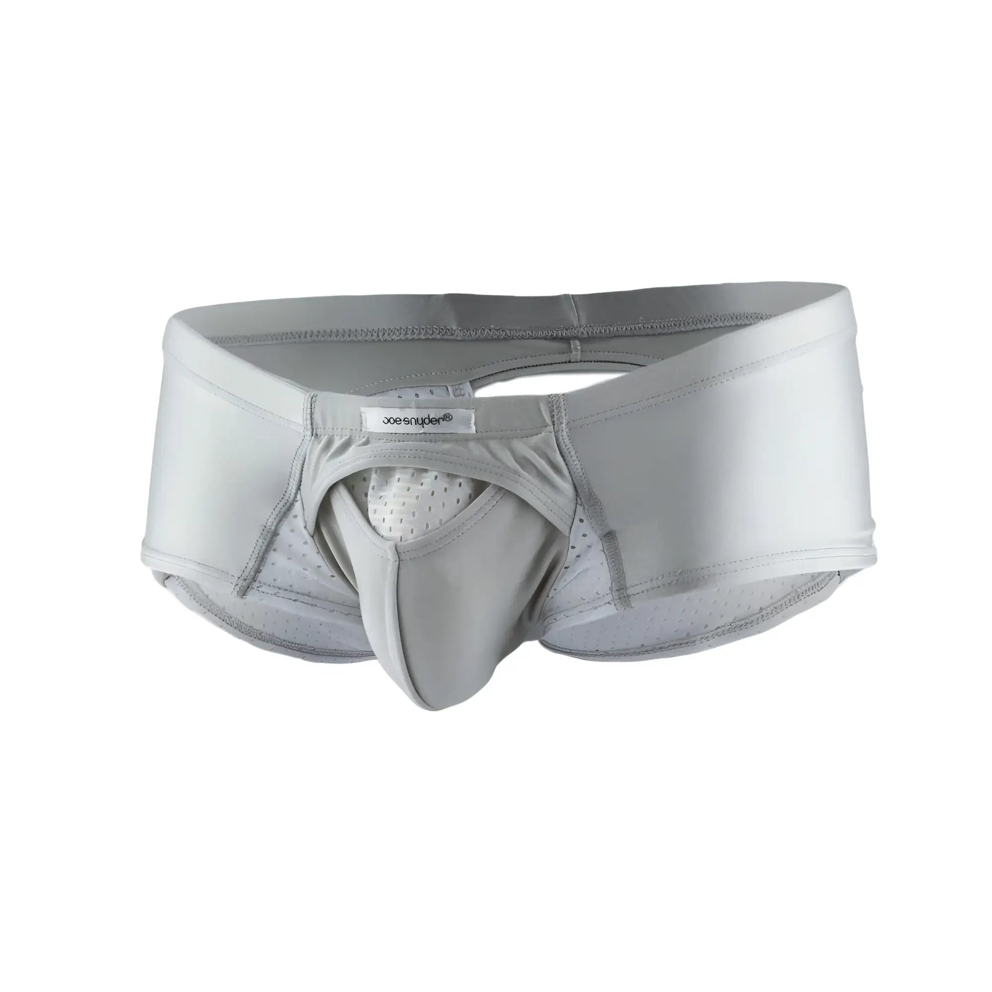 Gray Joe Snyder cheek sexiest men’s underwear with supportive contoured design and perforated mesh lining front view